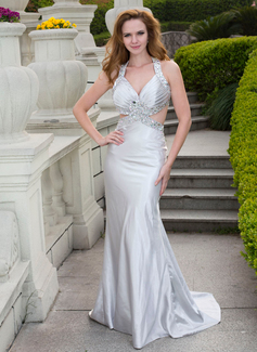Robe de Bal de Promo Ligne-A/Princesse Col V Traine longue Charmeuse Robe de Bal de Promo avec Perles (018024668) Robe de Bal de Promo Ligne-A/Princesse Col V Traine longue Charmeuse Robe de Bal de Promo avec Perles (018024668)
