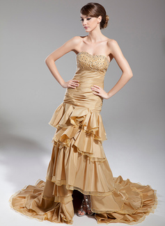 Robe de Bal de Promo Ligne-A/Princesse Cœur Traine courte Taffetas Organza Robe de Bal de Promo avec Ondulé Brodé (018014707)