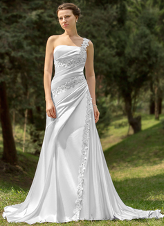 Robe de Mariée Ligne-A/Princesse Une epaule Traîne Cathedral Charmeuse Robe de Mariée avec Ondulé dentelle Perlé (002000109)