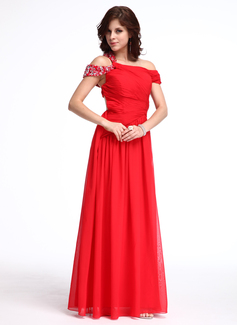 Avondjurken A-Lijn/Prinses Open-Schouder Vloerlengte Chiffon Avondjurk met Roes Beading (017026232)