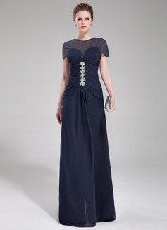 Avondjurken A-Lijn/Prinses Ronde Hals Korte Sleep Chiffon Avondjurken met Roes Kraal (017019449)