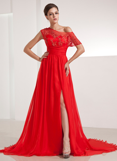 Avondjurken A-Lijn/Prinses Open-Schouder Kapel Sleep Chiffon Avondjurk met Roes Lace (017014210) Avondjurken A-Lijn/Prinses Open-Schouder Kapel Sleep Chiffon Avondjurk met Roes Lace (017014210)