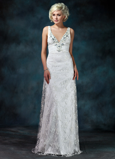 Robe de Mariée Coupe droite Col V Traîne Watteau Mousseline Tulle Charmeuse Robe de Mariée avec Ondulé Dentelle Perlé (002000229)