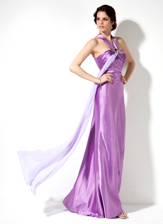 Robe de Bal de Promo Gaine Bretelles autour du cou Longeur au sol Mousseline Charmeuse Robe de Bal de Promo avec Ondulé Brodé (018002781)