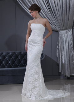 Sheath/Column Strapless Court Train Chiffon Satin Lace Wedding Dresses With Ruffle Beadwork (0020001