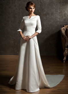 Robe de Mariée Ligne-A/Princesse Hors épaule Traîne Chapelle Satin Robe de Mariée (002004779)