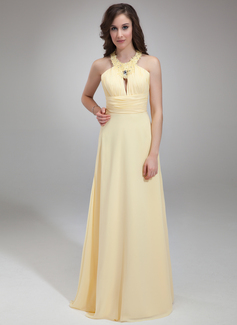 Robe de Bal de Promo Ligne-A/Princesse Bretelles autour du cou Longeur au sol mousseline de soie Robe de Bal de Promo avec Ondulé Brodé Appliques (018004795)