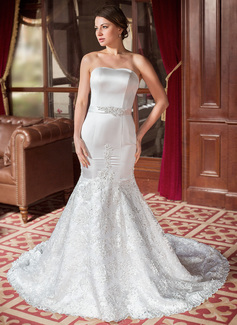 Mermaid Sweetheart Chapel Train Satin Wedding Dresses With Lace Sashes Beadwork (002000063)