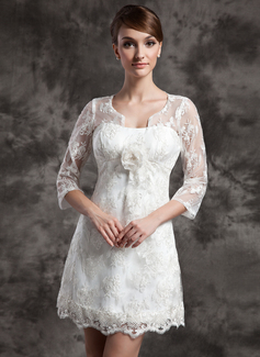 Robe de Mariée Ligne-A/Princesse Col rond Court/Mini Charmeuse Dentelle Robe de Mariée avec Fleurs (002014998) Robe de Mariée Ligne-A/Princesse Col rond Court/Mini Charmeuse Dentelle Robe de Mariée avec Fleurs (002014998)