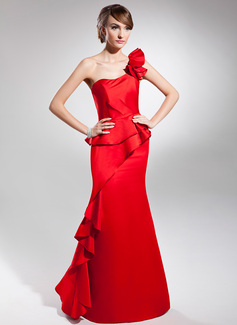 Robe de Bal de Promo Gaine Une epaule Longeur au sol Satin Robe de Bal de Promo avec Ondulé (018014697)