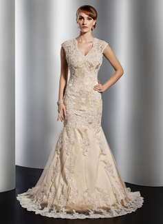 Robe de Mariée Sirene Col V Traine courte Satin Tulle Robe de Mariée avec Dentelle Perlé (002014773)