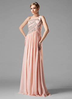 Robe de Bal de Promo Ligne-A/Princesse Une epaule Longeur au sol Mousseline Robe de Bal de Promo avec Ondulé Brodé Pailleté (018004824)