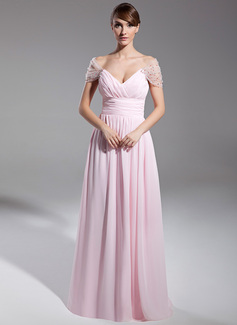Avondjurken A-Lijn/Prinses Open-Schouder Vloerlengte Chiffon Tule Avondjurk met Roes Beading (008014708)