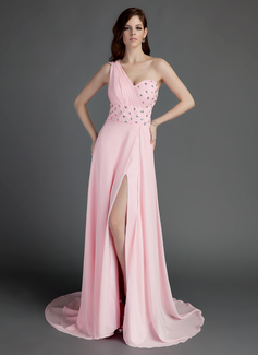 Robe de Bal de Promo Ligne-A/Princesse Une epaule Traine longue Mousseline Robe de Bal de Promo avec Ondulé Perles (018015684)