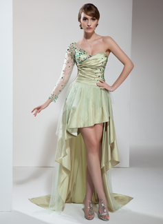 Robe de Bal de Promo Ligne-A/Princesse Une epaule Assymetrique Tafetta Tulle Robe de Bal de Promo avec Ondulé Brodé (018021099)