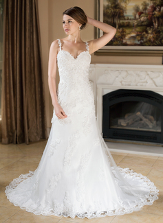 Robe de Mariée Ligne-A/Princesse Cœur Traine courte Satin Tulle Robe de Mariée avec Dentelle Perlé (002000379)