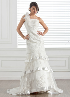 Robe de Mariée Sirene Une epaule Traine longue Satin Tulle Robe de Mariée avec Dentelle Perlé Fleurs (002005285)