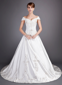 Robe de Mariée bal Hors épaule Traîne Chapelle Satin Tulle Robe de Mariée avec Broderie Perlé Pailleté (002012813)