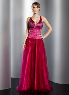 Robe de Bal de Promo Ligne-A/Princesse Col V Longeur au sol Satin Tulle Robe de Bal de Promo avec Brodé (018014778)