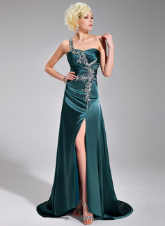 Robe de Bal de Promo Gaine Une epaule Traine longue Charmeuse Robe de Bal de Promo avec Ondulé Brodé (018018862)