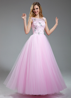 Robe de Bal de Promo Ligne-A/Princesse Col rond Longeur au sol Satin Tulle Robe de Bal de Promo avec Dentelle Brodé Pailleté (018018997)