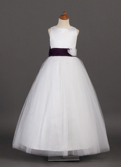 Flower Girl Dresses A-Line/Princess Scoop Neck Ankle-Length Satin Tulle Flower Girl Dress With Sash Flower(s) (010002142) Flower Girl Dresses A-Line/Princess Scoop Neck Ankle-Length Satin Tulle Flower Girl Dress With Sash Flower(s) (010002142)