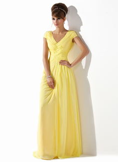 Robe de Bal de Promo Ligne-A/Princesse Col V Longeur au sol Mousseline Robe de Bal de Promo avec Ondulé Brodé (018005580)
