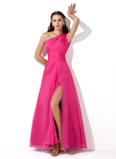 Robe de Bal de Promo Ligne-A/Princesse Une epaule Longeur au sol Mousseline Robe de Bal de Promo avec Ondulé Brodé Pailleté (018005062)