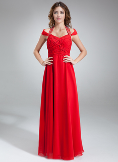 Robe de Bal de Promo Ligne-A/Princesse Bretelles autour du cou Longeur au sol Mousseline Robe de Bal de Promo avec Ondulé Brodé (018016851)