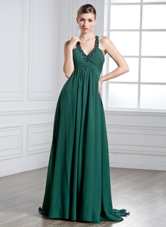 Robe de Bal de Promo Empire Bretelles autour du cou Traîne Watteau Mousseline Robe de Bal de Promo avec Ondulé Brodé (018004885)