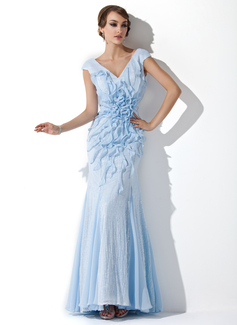 Robe de Bal de Promo Sirene Col V Longeur au sol Mousseline Pailleté Robe de Bal de Promo avec Brodé Fleurs (018024292)