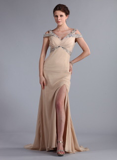 Avondjurken Nauwaansluitend Open-Schouder Korte Sleep Chiffon Avondjurk met Beading (017022796)