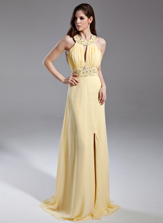 Robe de Bal de Promo Ligne-A/Princesse Col rond Traine longue mousseline de soie Robe de Bal de Promo avec Ondulé Brodé Pailleté (020015594)