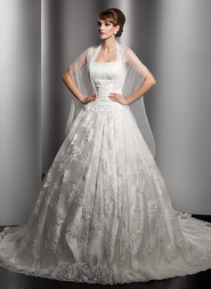 Robe de Mariée bal Col rond Traîne Chapelle Satin Tulle Robe de Mariée avec Ondulé Dentelle Perlé (002000180) Robe de Mariée bal Col rond Traîne Chapelle Satin Tulle Robe de Mariée avec Ondulé Dentelle Perlé (002000180)