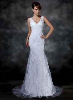 Robe de Mariée Sirene Col V Traine longue Satin Tulle Robe de Mariée avec Dentelle (002004597) Robe de Mariée Sirene Col V Traine longue Satin Tulle Robe de Mariée avec Dentelle (002004597)
