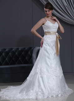 Robe de Mariée Ligne-A/Princesse Col V Traine courte Tulle Charmeuse Robe de Mariée avec Dentelle Echarpes Perlé (002000145)