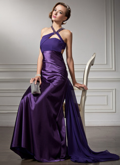 Robe de Bal de Promo Gaine Col V Traîne Watteau Mousseline Charmeuse Robe de Bal de Promo avec Ondulé Brodé (018004881)