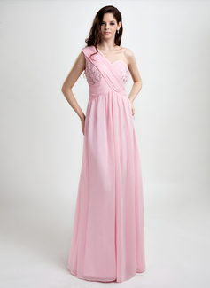 Robe de Bal de Promo Ligne-A/Princesse Une epaule Longeur au sol Mousseline Robe de Bal de Promo avec Ondulé Brodé (018015849)