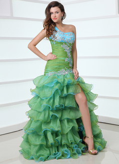 Robe de Bal de Promo Sirene Une epaule Longeur au sol Organza Satin Robe de Bal de Promo avec Brodé Appliques (018017364)