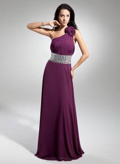 Avondjurken A-Lijn/Prinses Een-Schouder Vloerlengte Chiffon Avondjurk met Roes Kraal Bloem(En) (017014886)