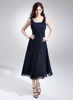 A-Line/Princess Square Neckline Tea-Length Chiffon Bridesmaid Dress With Ruffle (007015675)