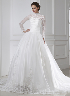 Robe de Mariée bal Col montant Traîne Chapelle Satin Tulle Robe de Mariée avec Ondulé lacet Perlé (002015462) Robe de Mariée bal Col montant Traîne Chapelle Satin Tulle Robe de Mariée avec Ondulé lacet Perlé (002015462)