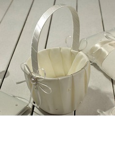 Flower Basket in Ivory Satin With Faux Pearl and Bow(102018038)