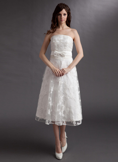 Robe de Mariée Ligne-A/Princesse Sans bretelles Longeur à mi jambe Satin Dentelle Robe de Mariée (002016315)