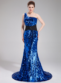 Robe de Bal de Promo Sirene Une epaule Traine courte Charmeuse Pailleté Robe de Bal de Promo avec Bretelle Brodé (018018917)