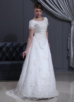 Robe de Mariée Ligne-A/Princesse Col rond Traine longue Satin Tulle Robe de Mariée avec Dentelle Perlé (002000311) Robe de Mariée Ligne-A/Princesse Col rond Traine longue Satin Tulle Robe de Mariée avec Dentelle Perlé (002000311)