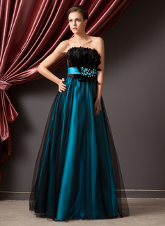 Robe de Bal de Promo Ligne-A/Princesse Sans bretelles Longeur au sol Satin Tulle Robe de Bal de Promo avec Brodé Plume (018014241)