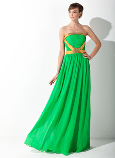 Robe de Bal de Promo Ligne-A/Princesse Sans bretelles Longeur au sol Mousseline Robe de Bal de Promo avec Ondulé Bretelle Pailleté (018015058)