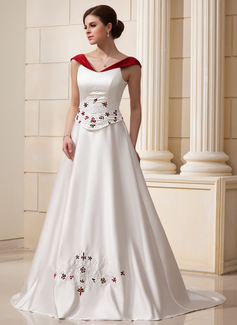 Robe de Mariée Ligne-A/Princesse Hors épaule Traine courte Satin Robe de Mariée avec Broderie Echarpes Perlé Fleurs (002011760)