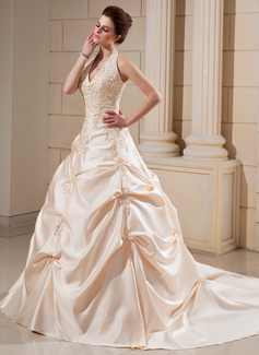 Robe de Mariée bal Bretelles autour du cou Traîne Cathedral Satin Robe de Mariée avec Broderie Perlé (002000678) Robe de Mariée bal Bretelles autour du cou Traîne Cathedral Satin Robe de Mariée avec Broderie Perlé (002000678)